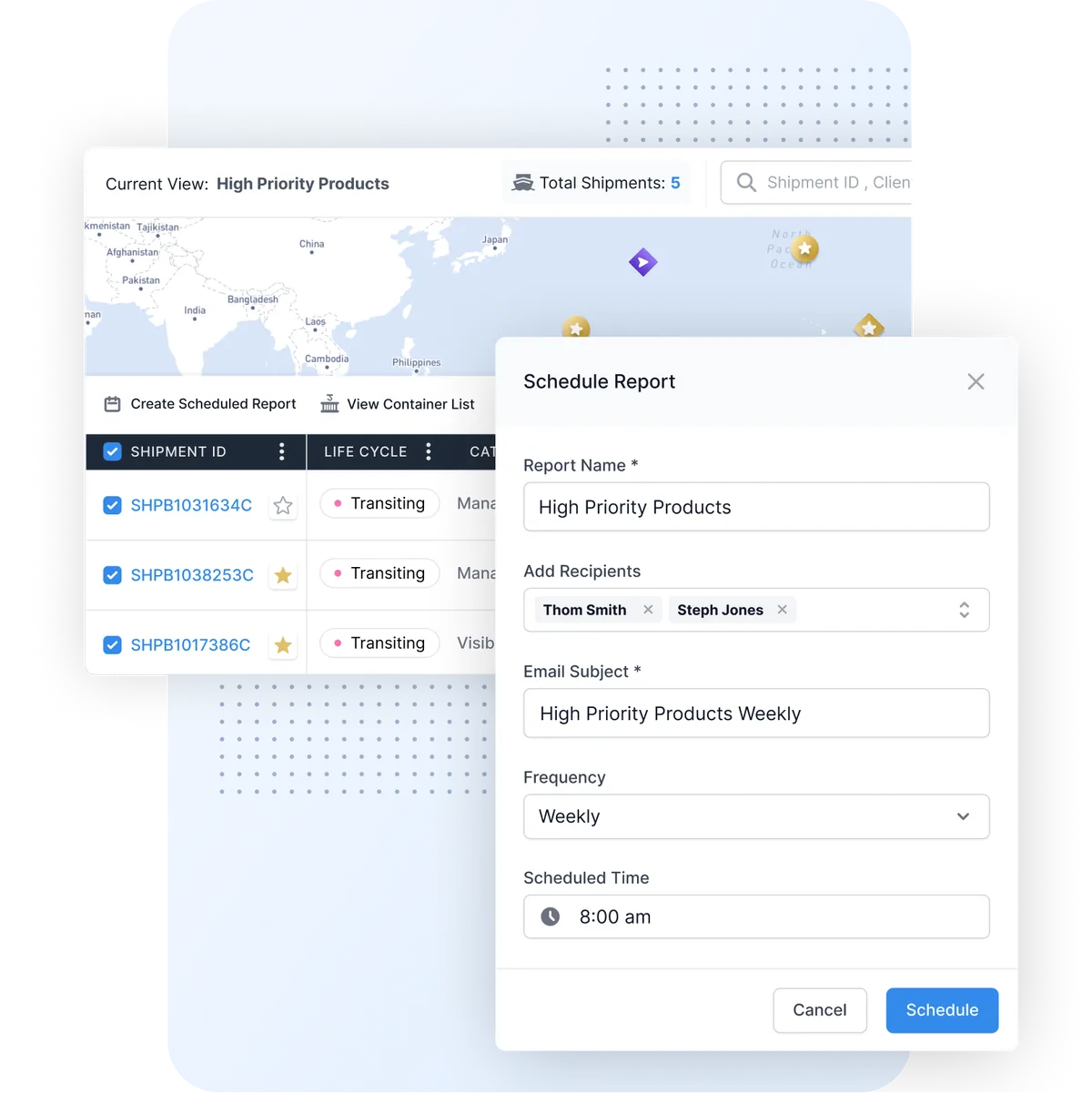 Shippabo platform: a saved shipment view with the Schedule Report dialog set to weekly