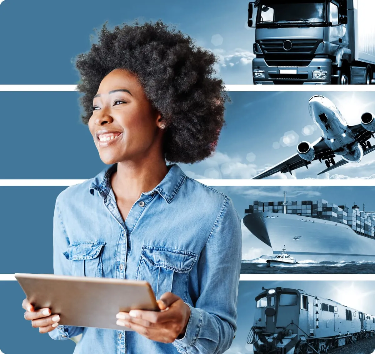 Importer with a tablet in front of truck, air, ocean, and rail freight