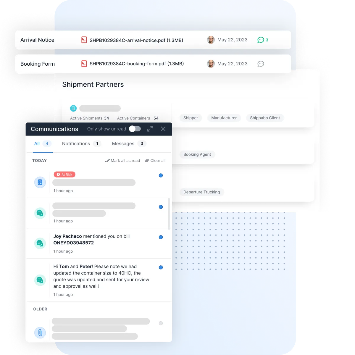 Shippabo platform: shipment documents, shipment partners, and the communications panel